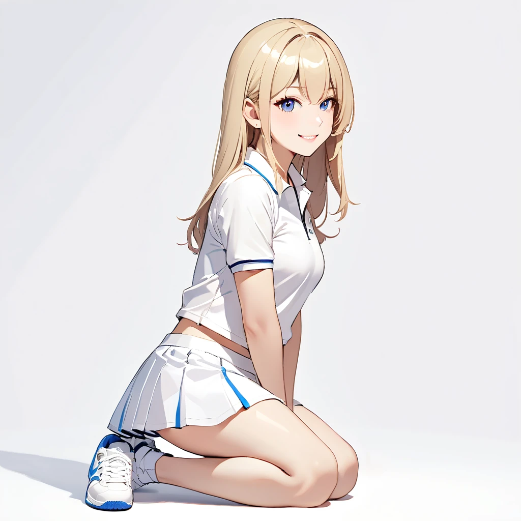 One girl, alone, White polo shirt, White sneakers, Tennis Wear, White mini skirt, masterpiece, Highest quality, (Glowing Skin), Long blonde hair, Silver Eyes, thin, Beautiful Eyes, pupil sharp, pupil , (thigh: 1.0),whole body、Background is white,View your viewers,,smile,White background only,whole body,From the side,One knee,,Look to the side