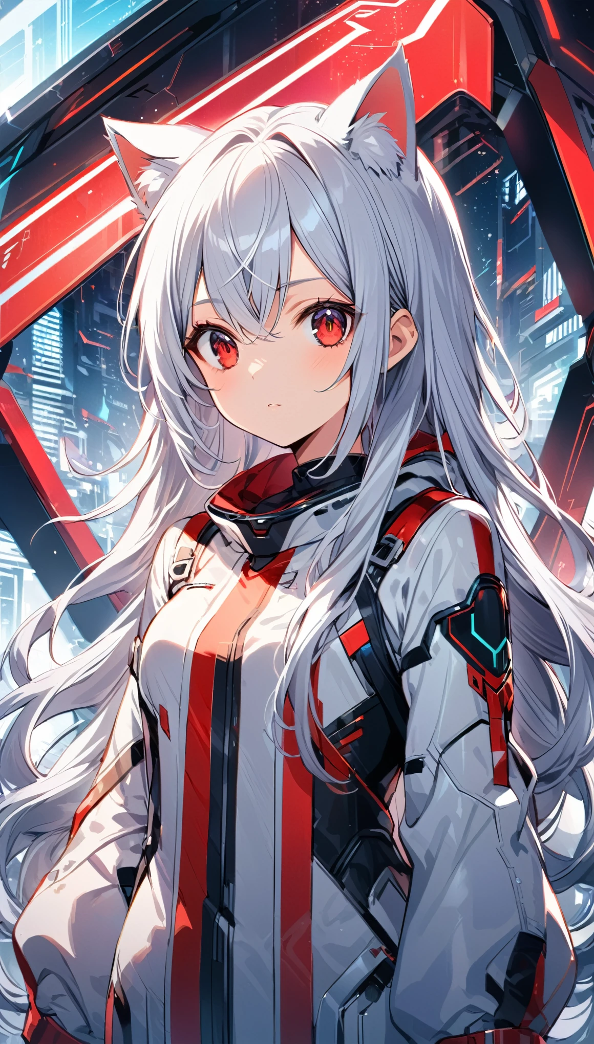 Chico, Silver Hair, Red Eyes, Cat ear, Futuristic Background,Long hair,Girl