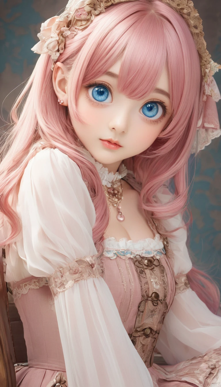 (Antique Style, Girlish: 1.2, Pink Hair: 1.1, blue eyes: 1.1, Big eyes)