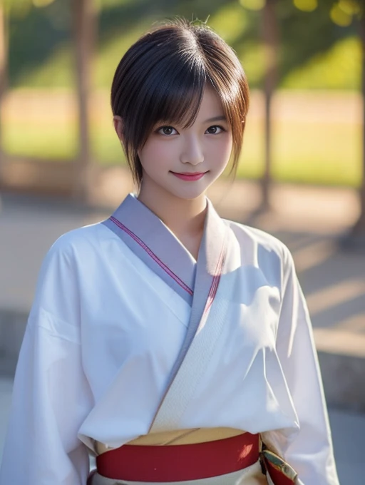 20 year old Japanese beauty,Slim and cute、Bulge of lateral breasts、Slit eyes、I can see from head to toe,Bust is very very large、Background is an ancient Chinese court、High quality photos、Clear, crisp images of the lower body、Masterpiece 8k、Smiling、Wearing a female ninja kimono、Hold the sword in the right hand