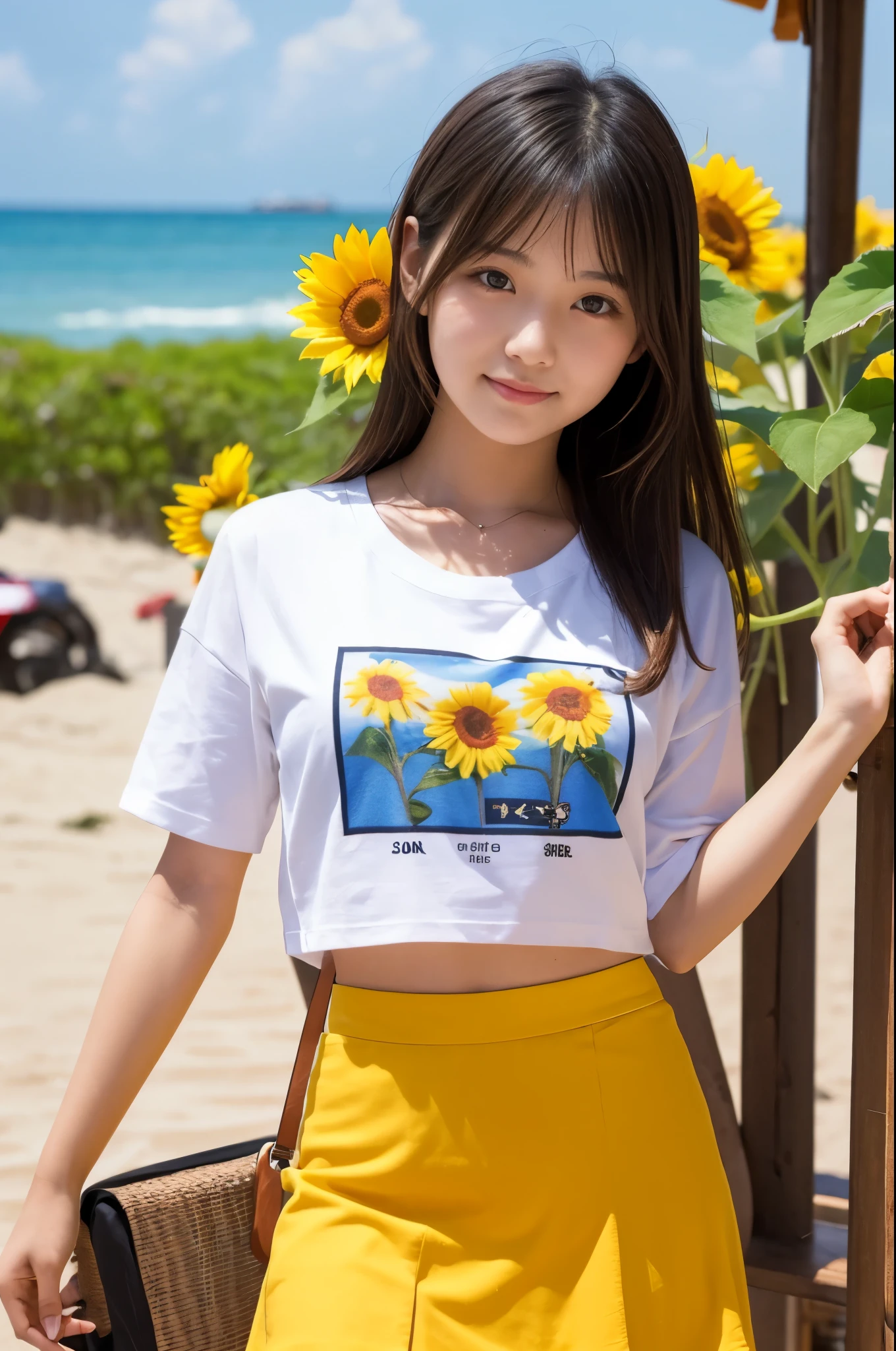 20 years old girl (Japanese cute face) is wearing T-shirt, mini skirt and has sunflower at the beach bar