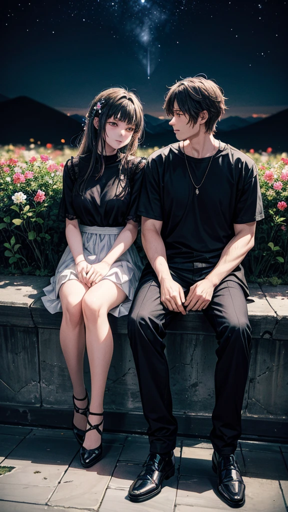 A mountain of flowers, it is a night sky, a beautiful couple is sitting, a couple is wearing short clothes, moody color contrast, Anime look 