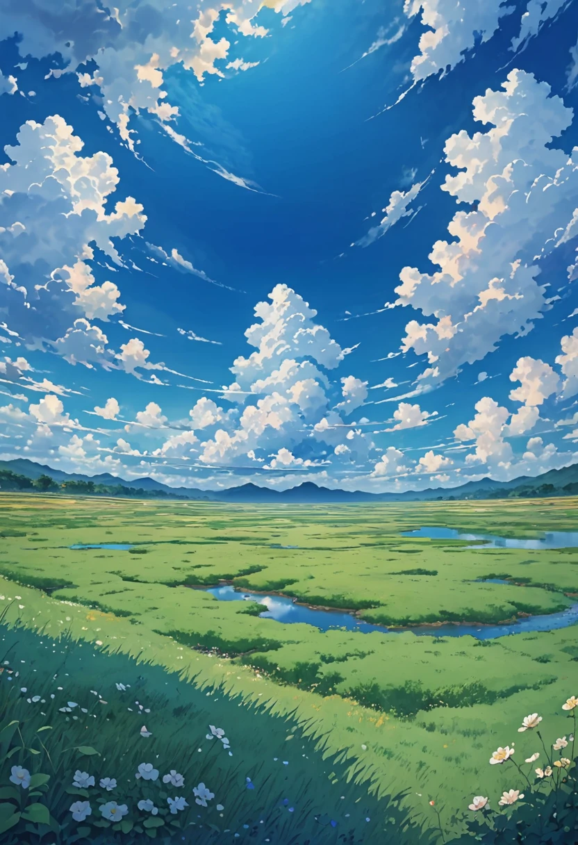 Beautiful grassland。Looking up at the sky filled with deep blue clouds。Clouds are forming。