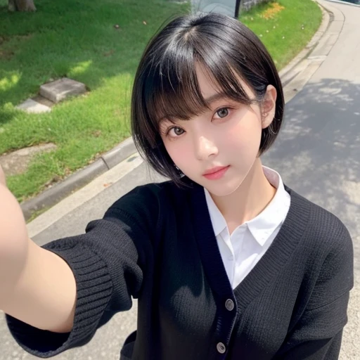 20-year-old female、Japanese、Beauty、The eyes are double、Lightweight cardigan、White Background、Beautiful Skin、Glossy Lips、Black short hair、Upper Body、head whole、Selfie taken from above right