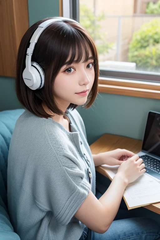 Produce the highest quality and highest resolution 8K images。Please draw the upper body of a 20 year old Japanese woman.。Please draw an image of you relaxing at home listening to music with headphones.。She has brown eyes and a model-like figure、She has an idol-level cute face.。Hair is bob cut。Clothes、I&#39;m wearing short-sleeved loungewear。The skin is、It is a natural skin color。she、Looking at you with a smile。
