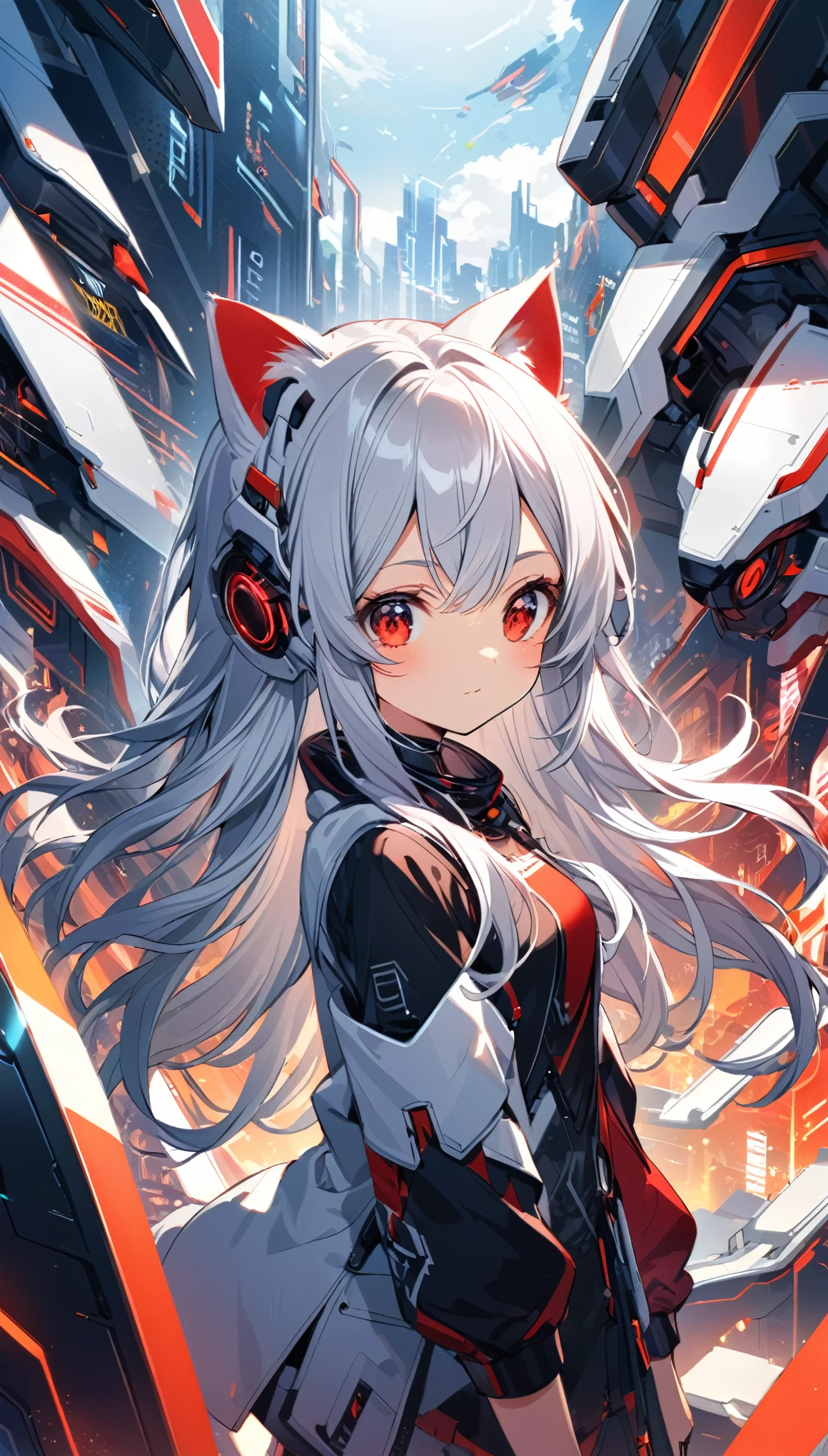 Chico, Silver Hair, Red Eyes, Cat ear, Futuristic Background,Long hair,Girl