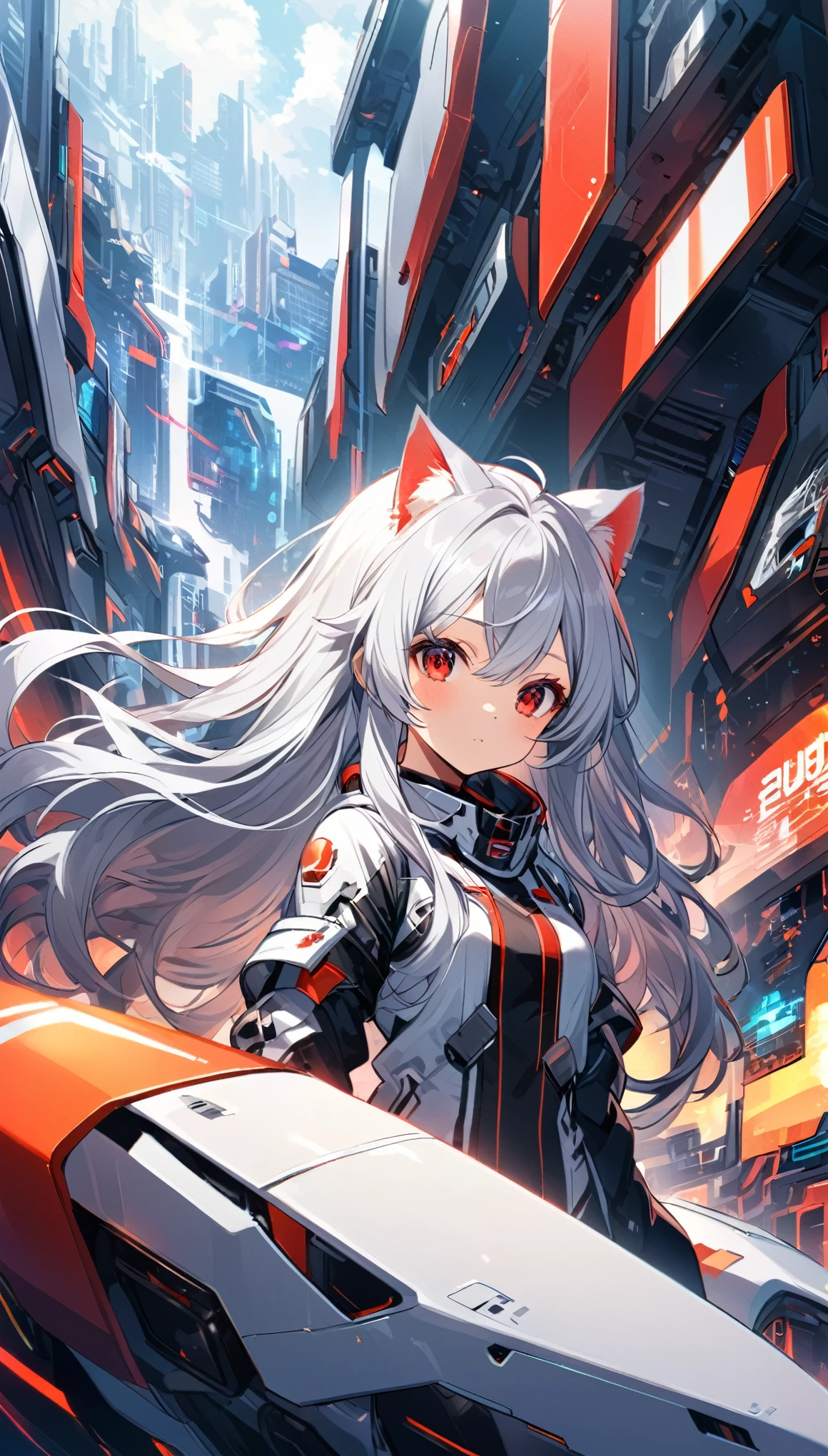 Chico, Silver Hair, Red Eyes, Cat ear, Futuristic Background,Long hair,Girl
