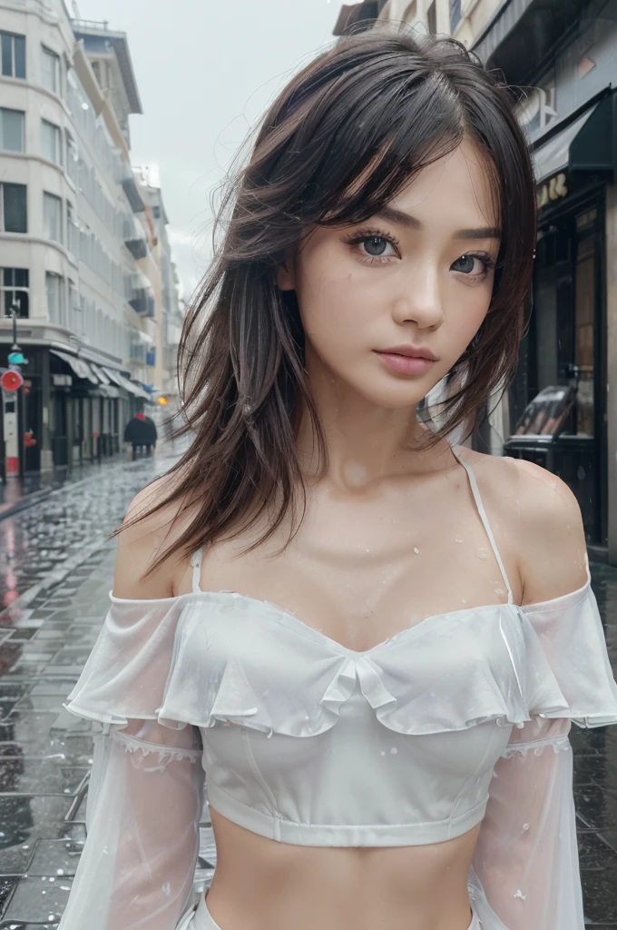 ((The Highest Quality、8K、master masterpiece:1.3))、sharp、:1.2、Perfect Body Beauty:1.4、slim abs:1.2、((Layered Hairstyle、show    milk :1.2))、underware、(rain、street、:1.2)、wetty:1.5、Very detailed face and skin texture、Detailed eye、Double Eyelid、Aspect of looking at the camera