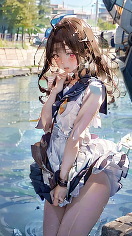 (masterpiece:1.2, Highest quality), (Realistic, photoRealistic:1.4), Beautiful illustrations, (Natural Side Lighting, Cinema Lighting), , Rear View、
(View your audience), 1 girl, Japanese, high school girl, Perfect Face, Cute and symmetrical face, Glowing Skin, ,
(Long Hair:1.5, Hair dancing in the wind:1.4, Brown Hair), Pin your bangs in place, Red eyes, Long eyelashes, (Large Breasts:1.3, Thick thighs),
Beautiful Hair, Beautiful Face, Beautiful details, Beautiful clavicle, Beautiful body, Beautiful breasts, Beautiful thighs, Beautiful legs,
((Detailed cloth texture, Cute short sleeve sailor suit, Pleated skirt, Sailor collar, Sailor scarf, socks, Brown Loafers)), ((Embarrassing, Scared, sad, cry, Open your mouth)), Are standing, (((Leaning forward),
(Beautiful views), Daytime, River side, (look forward to), (((Pulling on skirt, Wind power increase))),