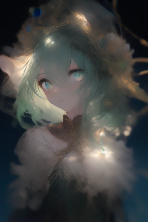 masterpiece, Highest quality, Very detailed, Handwriting、watercolor、Blur、Focus on the eyes、girl, dark Knight, Mecha, anger, Glare, magician, Right facing, Bob Hair, Green Hair, Clear 緑 eyes, Complex and detailed eyes、puppet, Green white skin, , Plump, Frilly clothes, ribbon, gradient green color background, With the meteor shower, city, At night, Gothic atmosphere, 3D Rendering, Full Body Shot, from the front, From above, Wide Shot, Three-part method, darkness, Shine, green, High saturation
