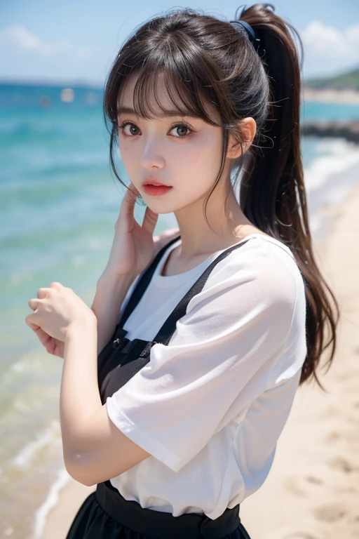 ・A girl with temperament・Delicate facial features・Bangs・Brown ponytail・Messy hair・Hair is very realistic・Wearing a short-sleeved white shirt・The background is sky・Sea view・Du Qiong exquisite makeup・Light red lips・Big eyes・Double eyelids・Black hole・Bright eyes・Symmetrical face・Face is very realistic・The girl's face is carefully painted・Blush・Super high-looking・Looking at the audience ・Very realistic skin・Sebum reflection・Artwork・Clothes with real fabric texture・Realistic painting・Cinema style・Photo-level・Ray tracing・Realistic light and shadow effects・Realism・Masterpiece・Like the photo effect above・8K highest picture quality is full