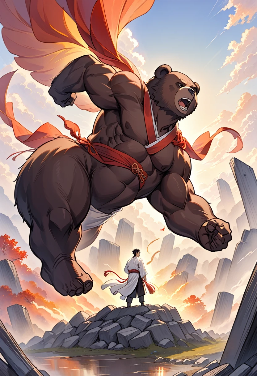 ((solo, 1boy)), (A strong and muscular old Himalayan bear standing confidently on a city