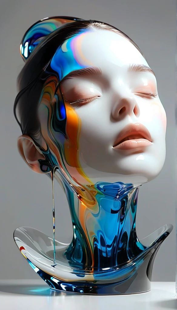 graphic design，Big black canvas，Sense of space，White Space，1 colored glass transparent 3D portrait sculpture，Bottom flow melting，Facial Luminescence Line，simple，Minimalism，beautiful girl，Soft and elegant colors，，Dark background，Luminescence