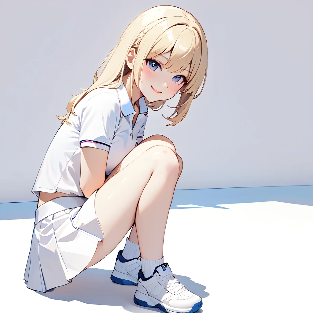 One girl, alone, White polo shirt, White sneakers, Tennis Wear, White mini skirt, masterpiece, Highest quality, (Glowing Skin), Long blonde hair, Silver Eyes, thin, Beautiful Eyes, pupil sharp, pupil , (thigh: 1.0),whole body、Background is white,View your viewers,,smile,White background only,whole body,From the side,One knee,,Look to the side(Little),(Littleキャラ)