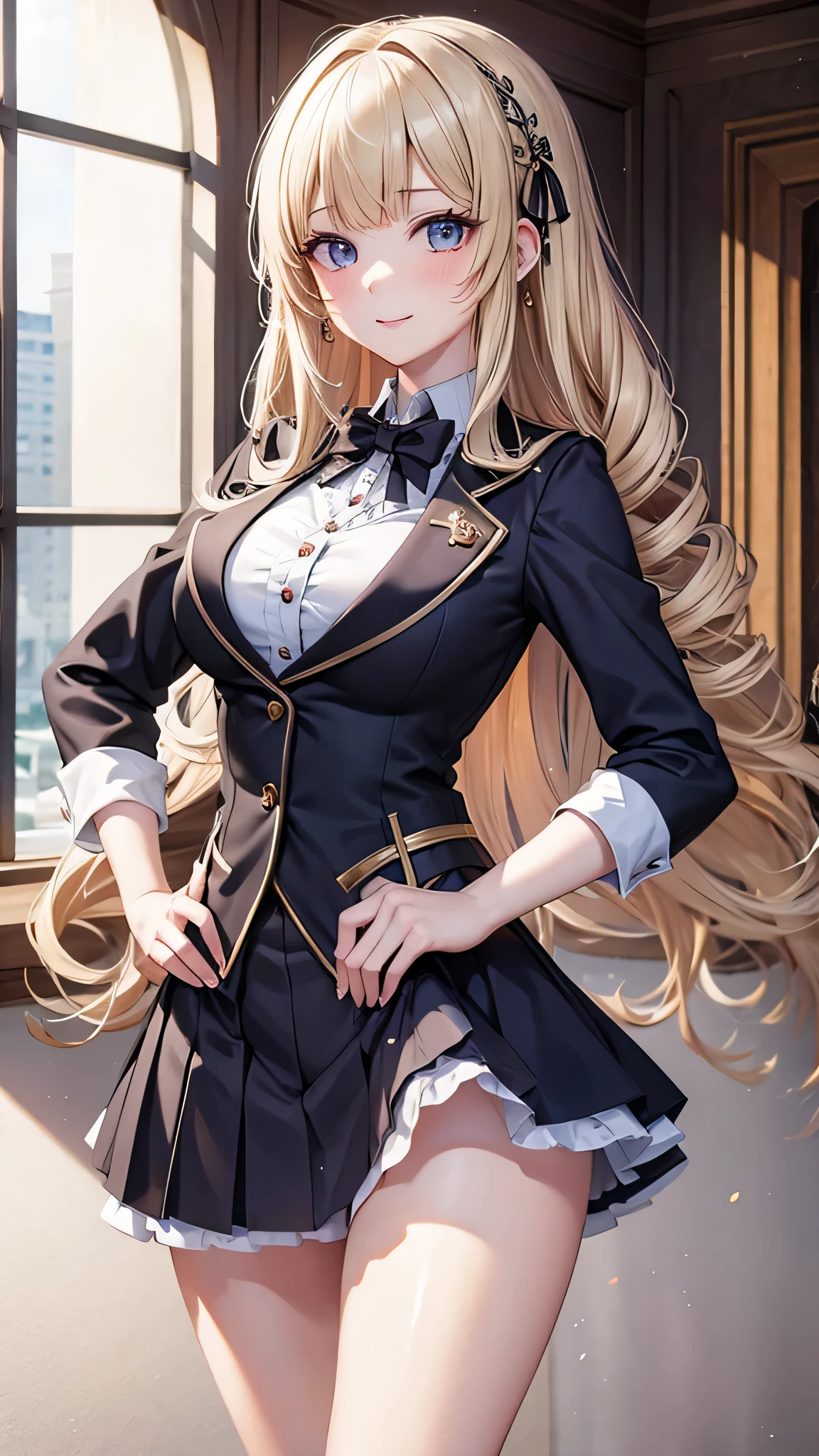 masterpiece,Highest quality, Unreal Engine, Ultra-high resolution, Very detailed, One girl,Medium chest, Waist, thin, (muscular:0.7) Rose Orianna Blonde Hair, Drill Hair, Blunt bangs, ,blazer, Frilled shirt, skirt, Thighs, Round Breasts, Medium chest while standing, Sexy pose, Put your hands on your hips, Waist shot, Watch with a viewer, blush ,smile, Lips parted,5 fingers on the right hand、5 in the left hand