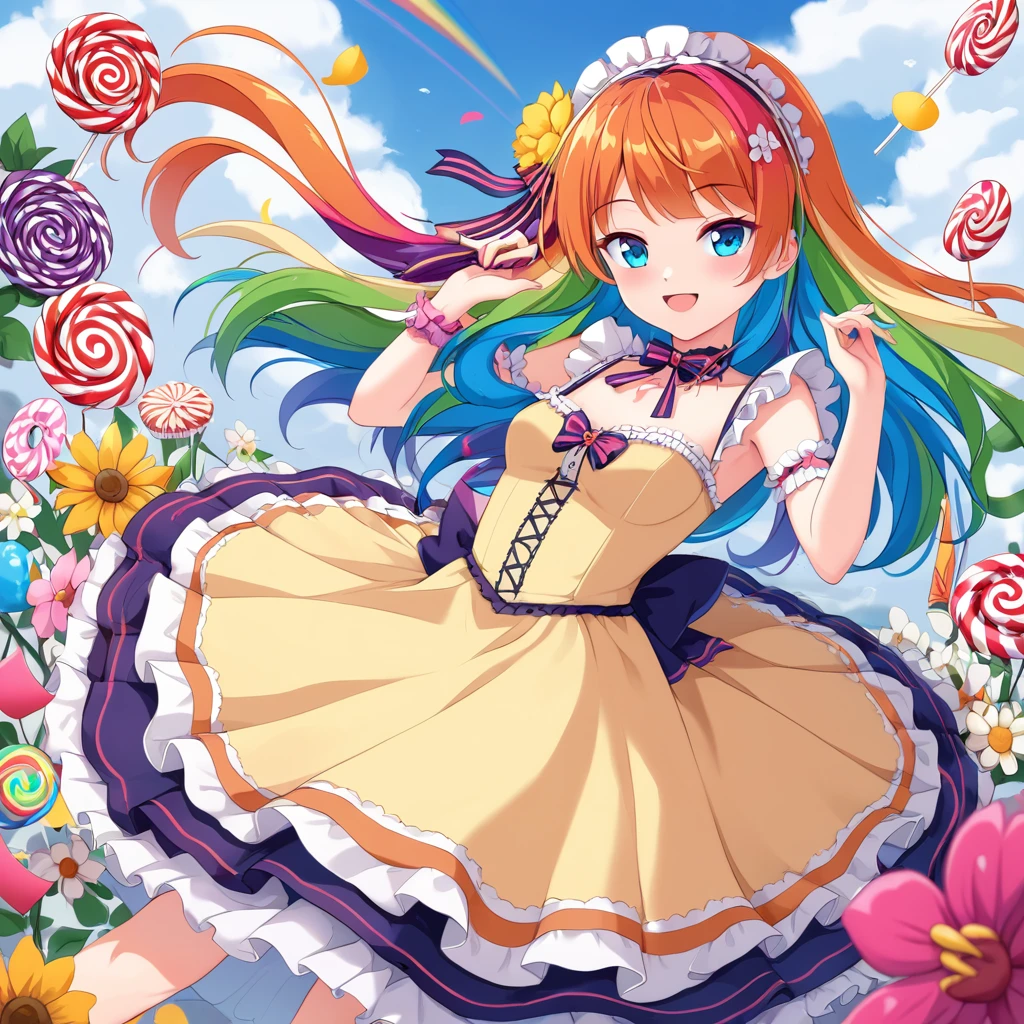 masterpiece, best quality,1 girl,Goethe Girl,Ruffle dress 8k,High resolution, ( flower_Styler:1.2)(Rainbow Candy:1.2)