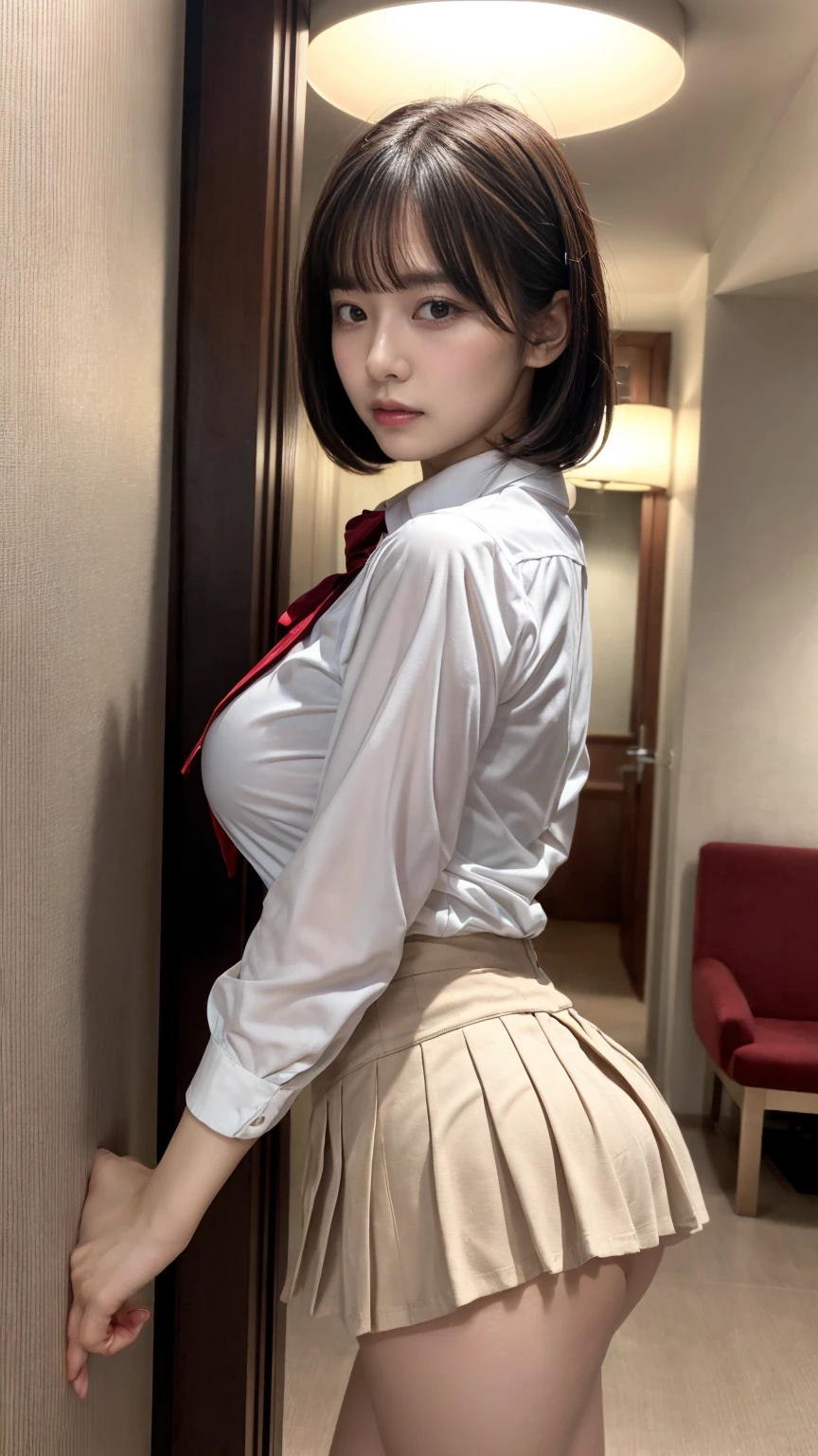 masterpiece, best quality, illustration, Super detailed, fine details, High resolution, 8K,wall paper, perfect dynamic composition,(Details High quality, realistic depiction of eyes:1.3), from side, standing, (collared shirt:1.1), pleated skirt, short bob hair、black hair color, Big Natural Color Lip, bold sexy pose, crying a little、cold gaze, Harajuku style、acrobatic pose, 20 year old girl、cute type、ta、beautiful legs, hotel room, gravure idol, Voluptuous thighs, huge breasts, Don't expose it