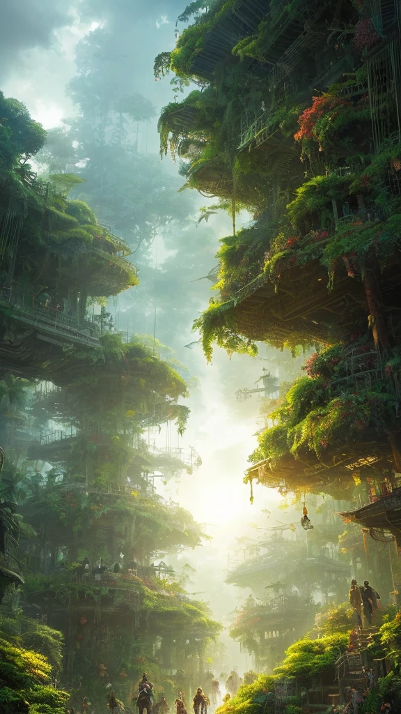 Digital illustration, Detailed and intricate, The dense jungle is full of exotic plants and animals, Sunlight shines through the canopy，Produces a mottled effect. In the style of Yoshitaka Amano and Hayao Miyazaki, Masterpiece, Proportional, Detailed, trending on artstationh, Beautiful lighting, Realistic, Intricate, Award-Awarded, 4K, highest quality
Award-winning, 4K digital painting in the style of Yoshitaka Amano. Detailed and intricate depiction of a zombie apocalypse, cleverly capturing the chaos and drama of the scene. Beautiful lighting and cinematic composition make this piece a true masterpiece, trending on artstationh
