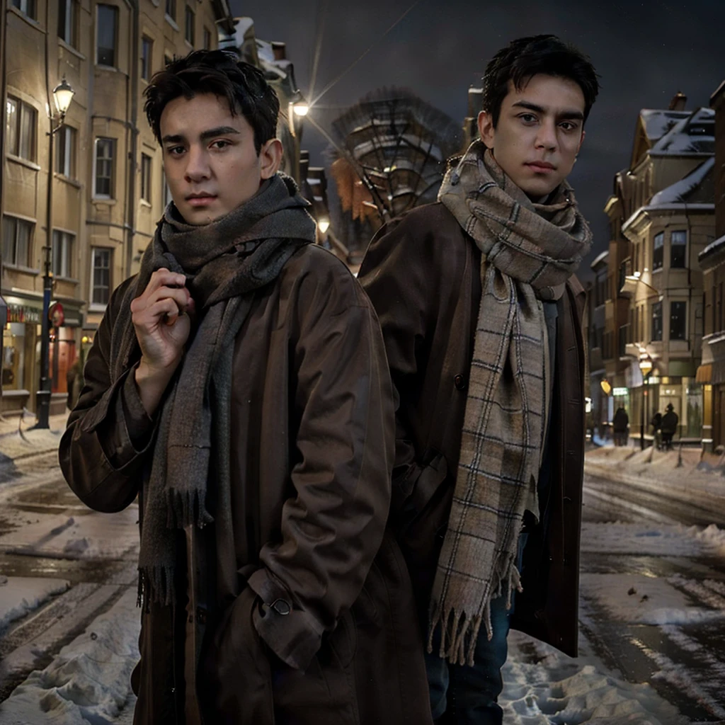 best quality, masterpiece, (photorealistic:1.4), 1boy, solo, short hair, big eyes, brown coat,scarf,  ((upper body:1.3)), dramatic lighting, looking at viewer, standing, outdoors, snow, cityscape, streets, buildings,