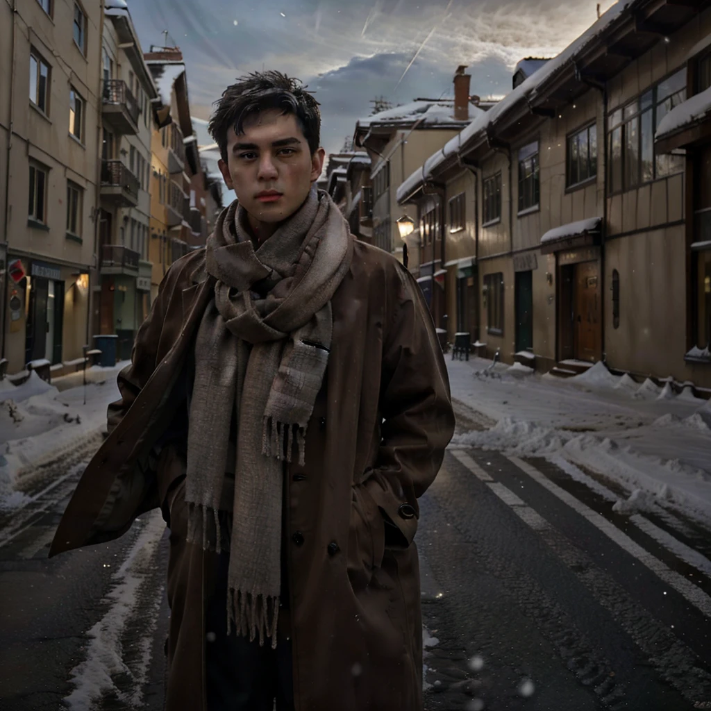 best quality, masterpiece, (photorealistic:1.4), 1boy, solo, short hair, big eyes, brown coat,scarf, ((upper body:1.3)), dramatic lighting, looking at viewer, standing, outdoors, snow, cityscape, streets, buildings,