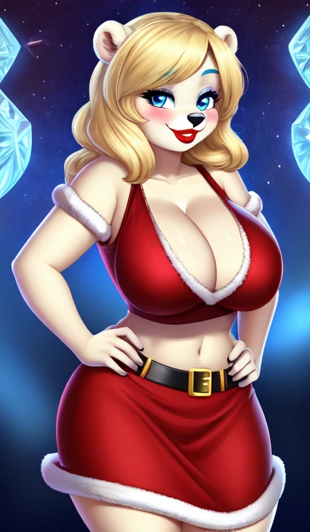 Blonde polar bear woman, wearing a Santa dress, perfect face, blue eyes, blue eyeshadow, big breasts, cleavage, three-quarter view, solo, smile, perfect detailed body, red lipstick, midriff, hands on hips, blushing