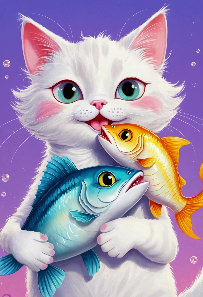 Bright pastel art：Cartoon Cat，Holding a big fish in its claws。Anthropomorphic cat,