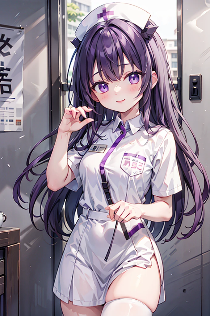 high resolution,smile,woman,woman1人,adult,cute, Medium Hair,wavy hair, Purple hair,Purple eyes, White nurse uniform,whole body, BREAK Background white,