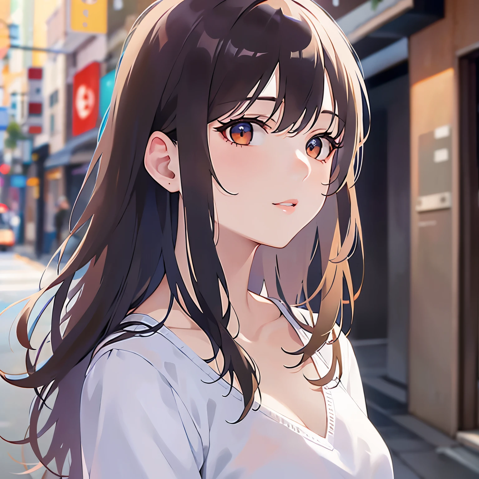 (looking away:1.5),Upper Body,
Realistic, real person, (pale skin: 1.2), RAW photo, photorealistic, shiny skin, shiny hair、
(A 25-year-old woman with medium-length hair and bangs) and (wavy hair) and (brown hair) and (orange eyes) 、
Serious, Wearing a white V-neck top 、The background is a back alley at night、(Night Sky:1.5)