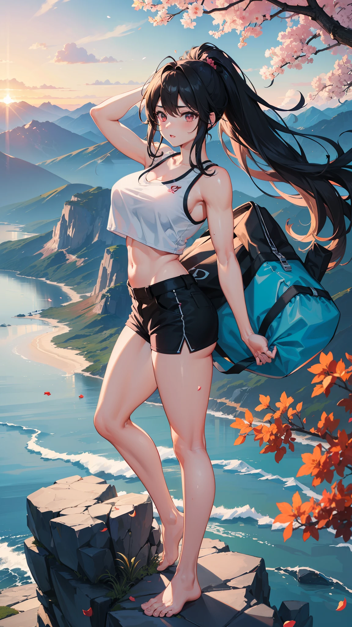 A beautiful girl, standing on a rock,giving a pose,black shorts,black crop top, seducing face,cold weather,wind breeze, beautiful sunset,trekking bag,cute pose, looking somewhere,sweaty top,wavy hairs, black long hairs, beautiful eyes,red lips, mountains,from top view, beautiful sceneary,((high quality, 8k resolution, ultra high quality,best image quality,best image clarity)), sports top,large breasts,curvy body,fit body, blushing face,red cheeks,pink petals, beautiful trees, beautiful view,hairs waving through wind,seen from front, muscular arms,watch on left hand, looking for someone,busty thighs,tall girl,one feet forward