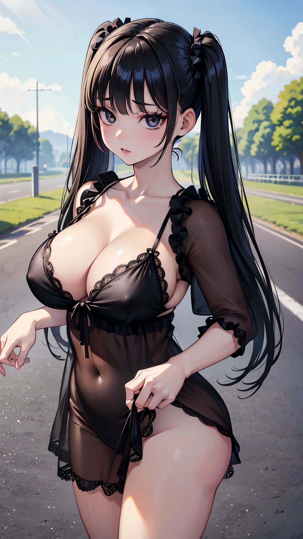 (masterpiece, 最high quality, 超High resolution, Very detailed), (Realistic:1.1, photoRealistic:1.4), Perfect illustration, Perfect lighting,Hair in perfect detail, Perfect and detailed face, Perfect collarbone, Perfect body,Juicy breasts, Perfect Thighs, Beautiful feet, View your viewers, 1 Girl,Perfect Face, (Perfect Anatomy, Anatomically correct), Symmetrical face、((Shiny Hair)),Sexy Body、(masterpiece),(最high quality:1.3),8k,Very clear,(Ultra-realistic),,Captivating woman,(high quality, High resolution, Fine details), Realisticなスタイルの女性,Juicy breasts、One perfect woman、Perfect Face、Symmetrical face、、((Large Breasts))、Cleavage、blush、((Juicy lips))、Cowboy Shot、((Black twin tails tied on the side))、((Large, double-set black eyes、Long eyelashes))、((Red makeup))、(((Sexy negligee)))、((Doll-like woman))、(Outdoor、On the road)