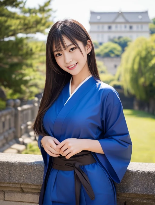 20 year old Japanese beauty,Slim and cute、Bulge of lateral breasts、Slit eyes、I can see from head to toe,Bust is very very large、The background is a Japanese castle、High quality photos、Clear, crisp images of the lower body、Masterpiece 8k、Smiling、Wearing a female ninja kimono、Hold the sword in the right hand、Ready