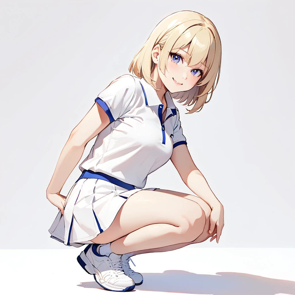 One girl, alone, White polo shirt, White sneakers, Tennis Wear, White mini skirt, masterpiece, Highest quality, (Glowing Skin), Long blonde hair, Silver Eyes, thin, Beautiful Eyes, pupil sharp, pupil , (thigh: 1.0),whole body、Background is white,View your viewers,,smile,White background only,whole body,From the side,One knee,,Look to the side(Little),(Littleキャラ)