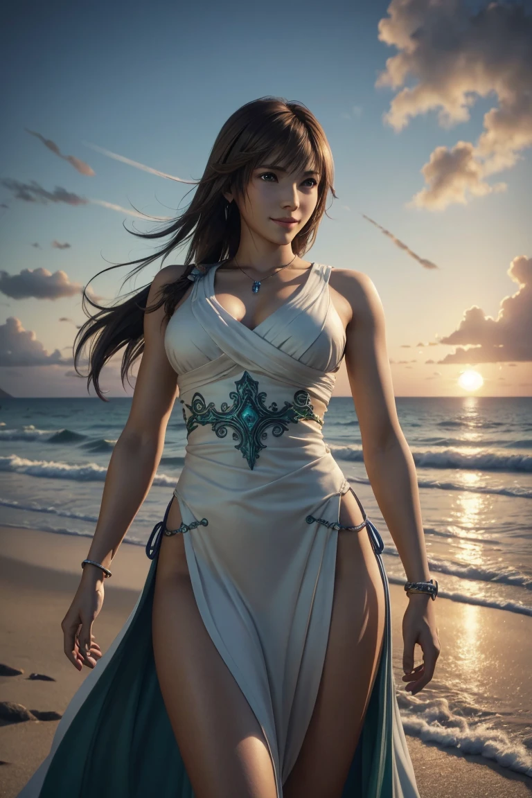 The best one,Yuna,Final Fantasy 10,FF10,Medium Hair,Brown hair,Let your bangs down,Beautiful green and blue odd eyes,,Beautiful and tall nose,Photorealistic,Ultra HD,high quality,masterpiece,Digital SLR,Detailed details,Intricate details,Anatomical basis,Depicted in detail,A detailed face,Realistic skin texture,Vivid details,Perfect Anatomy,Perfect Anatomy,Anatomically correct hand,Anatomically correct fingers,Super Detail,Complex 3D rendering,Huge ,Sexy pose,Final Fantasy 10の美しい世界,White long dress,Beautiful sunset,Beautiful beach at sunset,Fantastic beaches,Fantasy worldview,Picturesque,Pink Lips,smile,