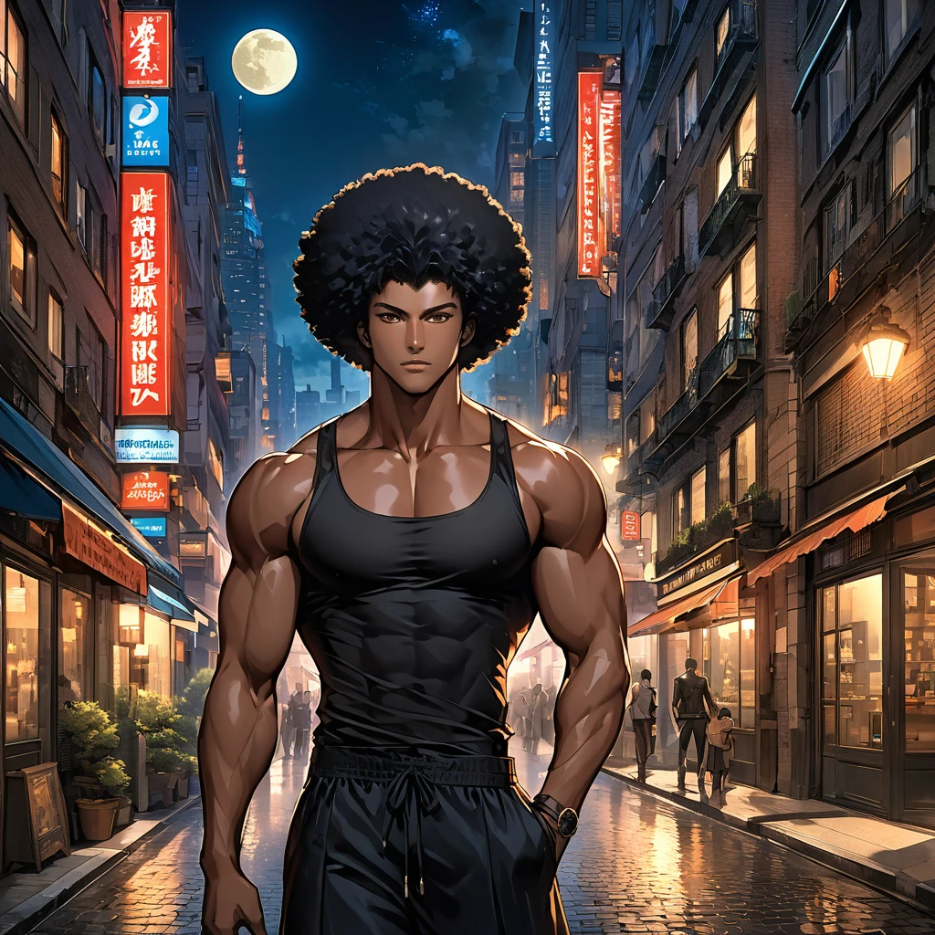 > ((homme noir type americain)) jeune homme afro americain, cheveux noire loxé, portant un debardeur et une culotte, yeux marrons, belle musculature âgé d'environ 32ans , debout au milieux de la ville un soir de pleine lune sous les grands bulding de new york