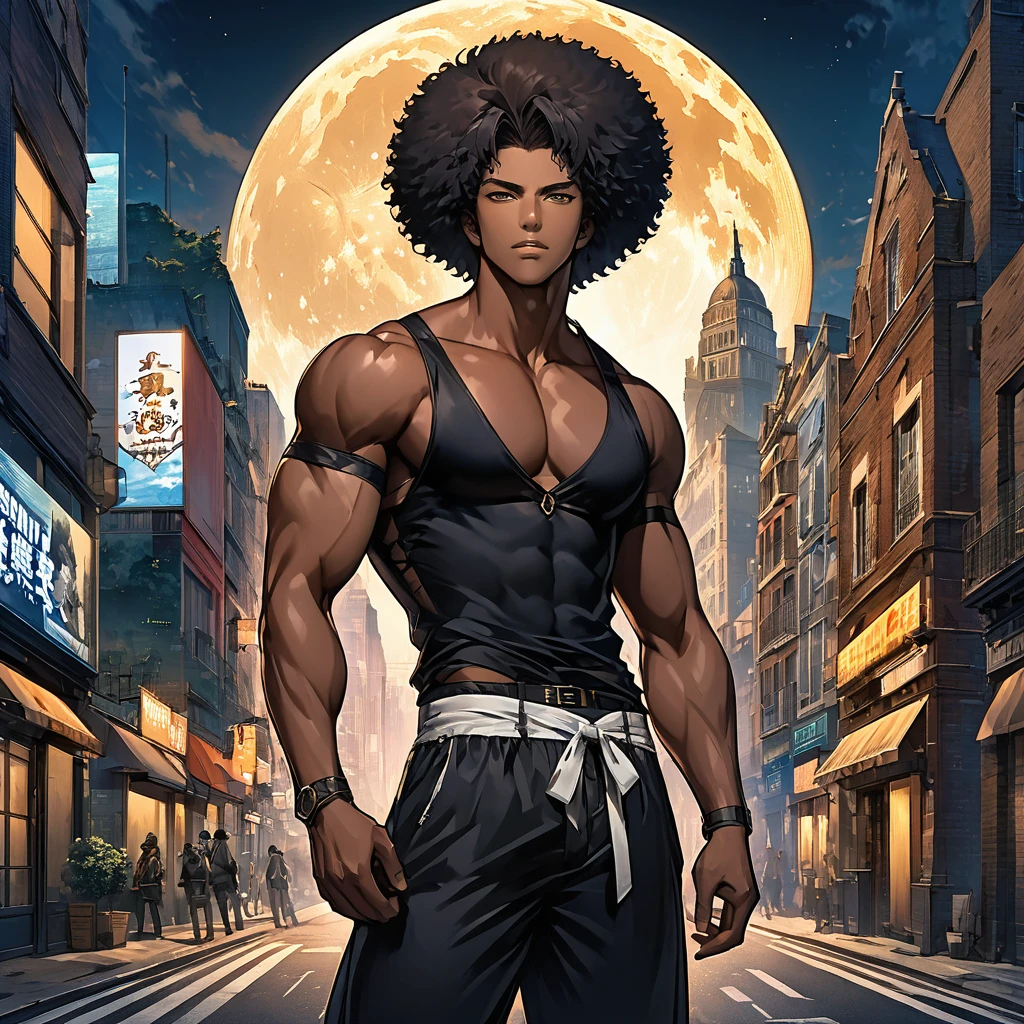 > ((homme noir type americain)) jeune homme afro americain, cheveux noire loxé, portant un debardeur et une culotte, yeux marrons, belle musculature âgé d'environ 32ans , debout au milieux de la ville un soir de pleine lune sous les grands bulding de new york