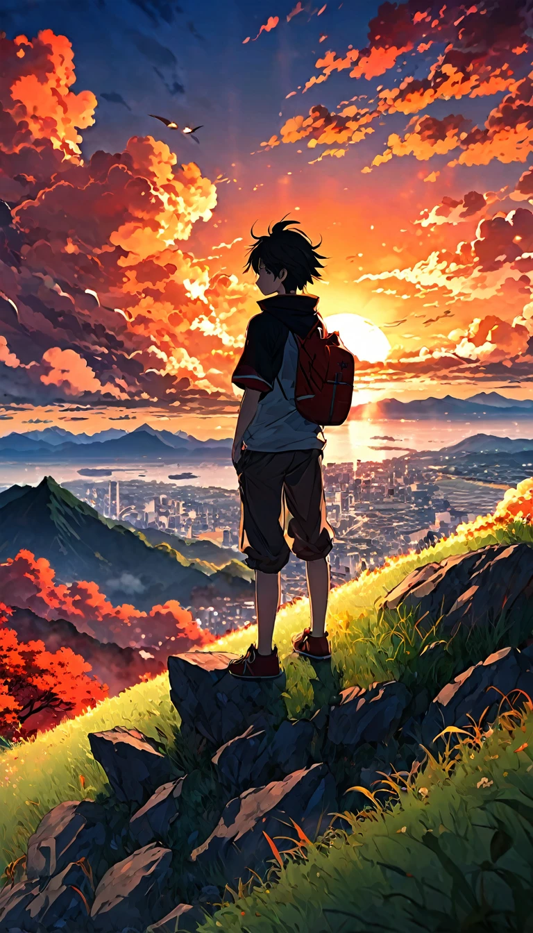 Anime scenery with a boy on a grassy rocky hill, Sunset with orange and red infernal clouds, Anime Nature Wallpaper, Beautiful anime scene, Beautiful anime peace scene, Shinkai Makoto Cyril Rolando, Beautiful scenes from anime, Amazing wallpapers, anime art wallpaper 8 k, Anime Background, artistic Anime Background, 4k anime wallpaper, Anime Art Wallpaper 4K, Anime Art Wallpaper 4K,