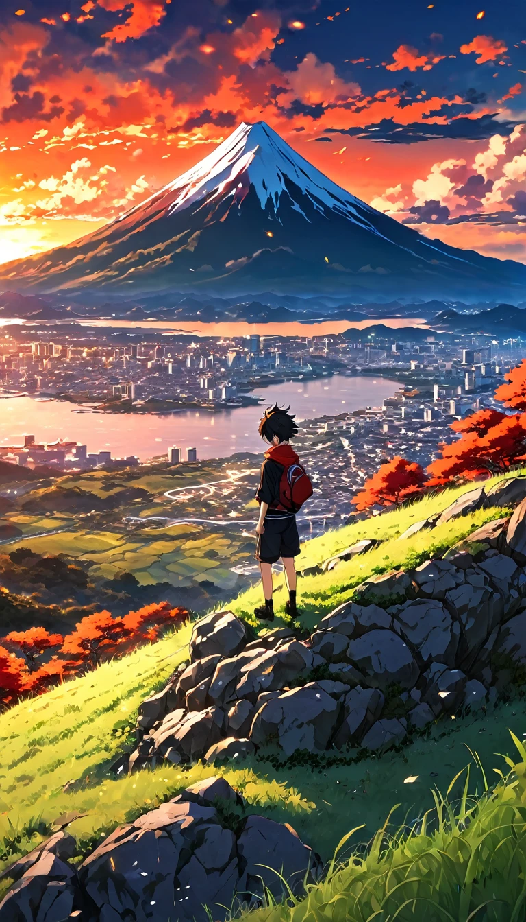 Anime scenery with a boy on a grassy rocky hill, Sunset with orange and red infernal clouds, Anime Nature Wallpaper, Beautiful anime scene, Beautiful anime peace scene, Shinkai Makoto Cyril Rolando, Beautiful scenes from anime, Amazing wallpapers, anime art wallpaper 8 k, Anime Background, artistic Anime Background, 4k anime wallpaper, Anime Art Wallpaper 4K, Anime Art Wallpaper 4K,
