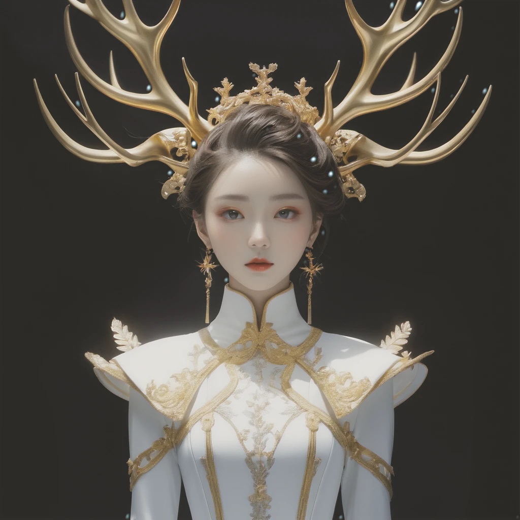 1 Girl, Solitary, sculpture, White skin, Face Shooting, fissure, strong reflection, black background, Studio Lighting, Gold strokes, a woman in a white dress with antlers on her head, a surrealist sculpture, inspired by Russell Dongjun Lu, tumblr, rococo, white candles, handsome man, biopunk futuristic wardrobe, cai xukun