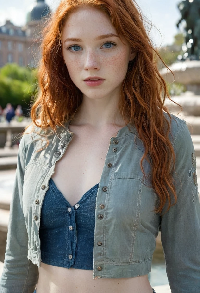 1girl in, age19, alone, Aesthetic work of art, Irish redhead, wavy red hair, schulterlanges rotes Haar, (gray eyes), light grey eyes, a few small freckles, pale skin, A cup, small breasts, Runner Body, detailed skin structure, in a city park, Standing at a fountain, close up shot, Viewers look at, (extremely detailed 8K wallpaper), Soft lighting, good quality, film grain, Fujifilm XT3 keen focus, f 5.6, 50mm, High level of detail, keen focus,(Natural light), (wearing a navy blue Khaki-Jacke), Khaki-Jacke, (I wear faded blue jeans), crazy details, complex details, Hyperdetailed