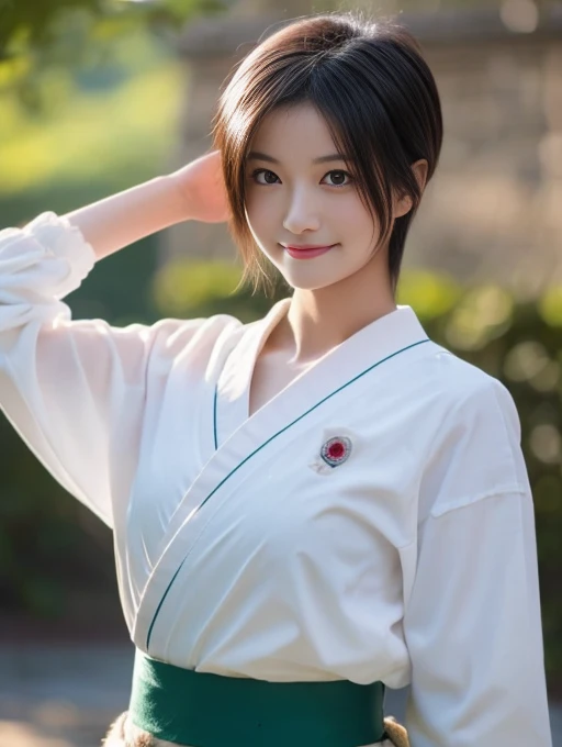 20 year old Japanese beauty,Slim and cute、Bulge of lateral breasts、Slit eyes、I can see from head to toe,Bust is very very large、The background is a Japanese castle、High quality photos、Clear, crisp images of the lower body、Masterpiece 8k、Smiling、Wearing a female ninja kimono、Hold the sword in the right hand、Ready