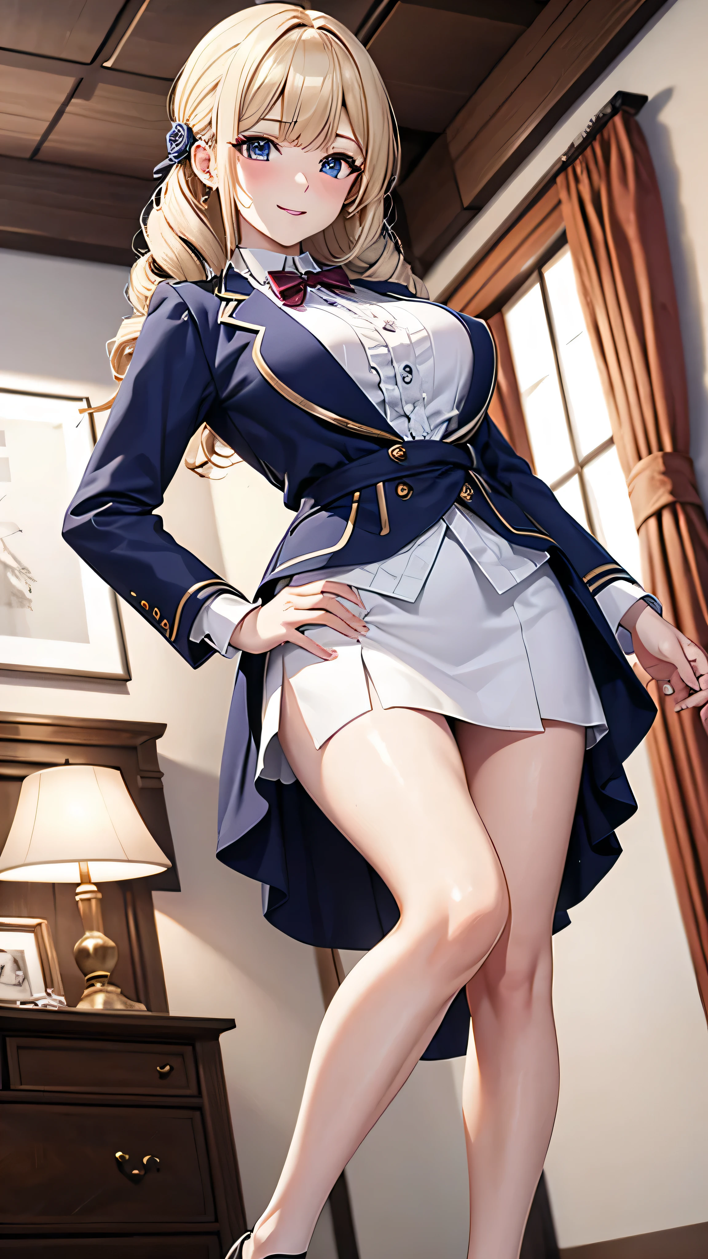 masterpiece,Highest quality, Unreal Engine, Ultra-high resolution, Very detailed, One girl,Medium chest, Waist, thin, (muscular:0.7) Rose Orianna Blonde Hair, Drill Hair, Blunt bangs, ,blazer, Frilled shirt, skirt, Thighs, Round Breasts, Medium chest while standing, Sexy pose, Put your hands on your hips, Waist shot, Watch with a viewer, blush ,smile, Lips parted,5 fingers on the right hand、5 in the left hand