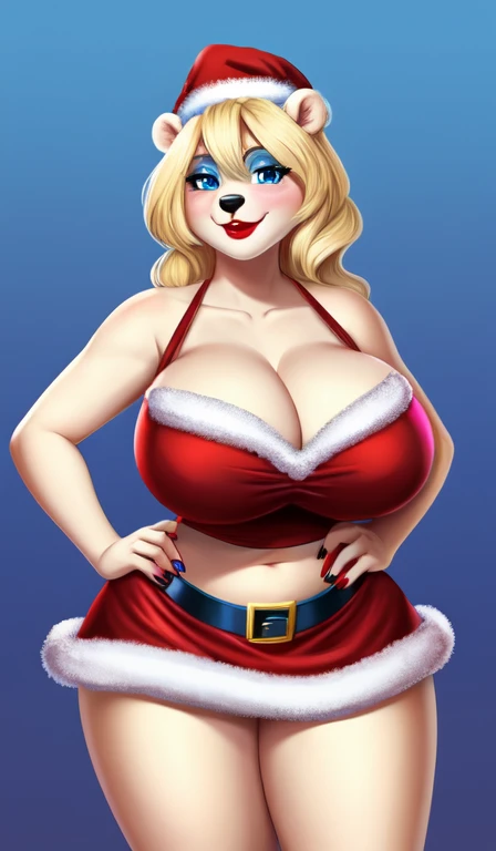 Blonde polar bear woman, wearing a Santa dress, perfect face, blue eyes, blue eyeshadow, big breasts, cleavage, three-quarter view, solo, smile, perfect detailed body, red lipstick, midriff, hands on hips, blushing