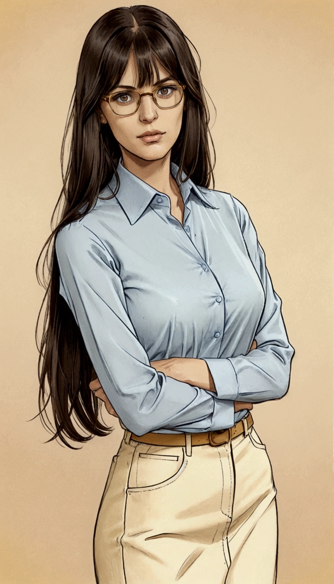 a woman with long, straight dark hair that extends past her shoulders. She has bangs and is wearing rectangular glasses. Her facial expression appears serious or neutral. She is wearing a light blue collared shirt. The woman has a slender build and fair skin. The background behind her is a solid golden-yellow color.