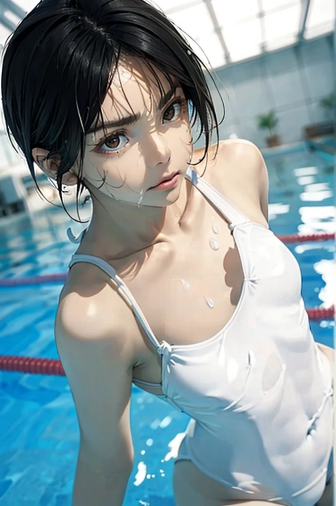 ((((Close-up angle looking up from below))))13-year-old girl, solo,(((Small breasts: 1.6))), ((((Embarrassing,))))((((wearing a white swimsuit、))))((((Various poses、))))A sexy masterpiece with wet hair, Highest quality, Realistic, Ultra-detailed, (Glowing Skin, sweating: 1.4), View your viewers,((((very short hair with black hair)))))thin, Dynamic light and shadow, High resolution, Sharp focus, Depth of written boundary, Embarrassing, Sharp pupils, Realistic生徒, (Thigh Thickness: 1.0), Indoor swimming pool