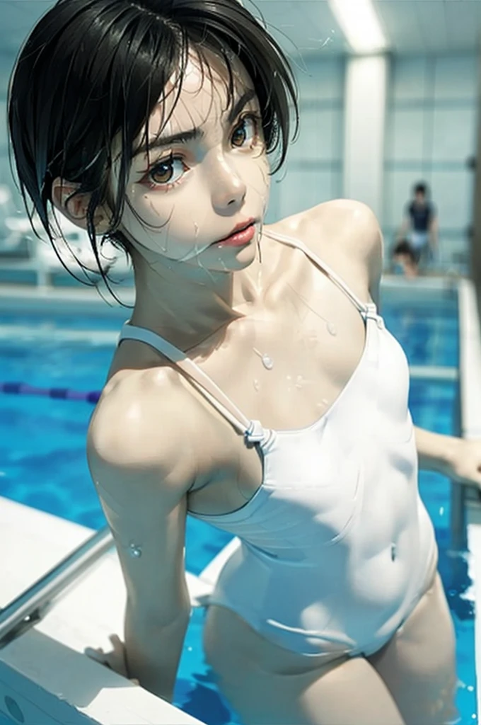 ((((Close-up angle looking up from below))))13-year-old girl, solo,(((Small breasts: 1.6))), ((((Embarrassing,))))((((wearing a white swimsuit、))))((((Various poses、))))A sexy masterpiece with wet hair, Highest quality, Realistic, Ultra-detailed, (Glowing Skin, sweating: 1.4), View your viewers,((((very short hair with black hair)))))thin, Dynamic light and shadow, High resolution, Sharp focus, Depth of written boundary, Embarrassing, Sharp pupils, Realistic生徒, (Thigh Thickness: 1.0), Indoor swimming pool