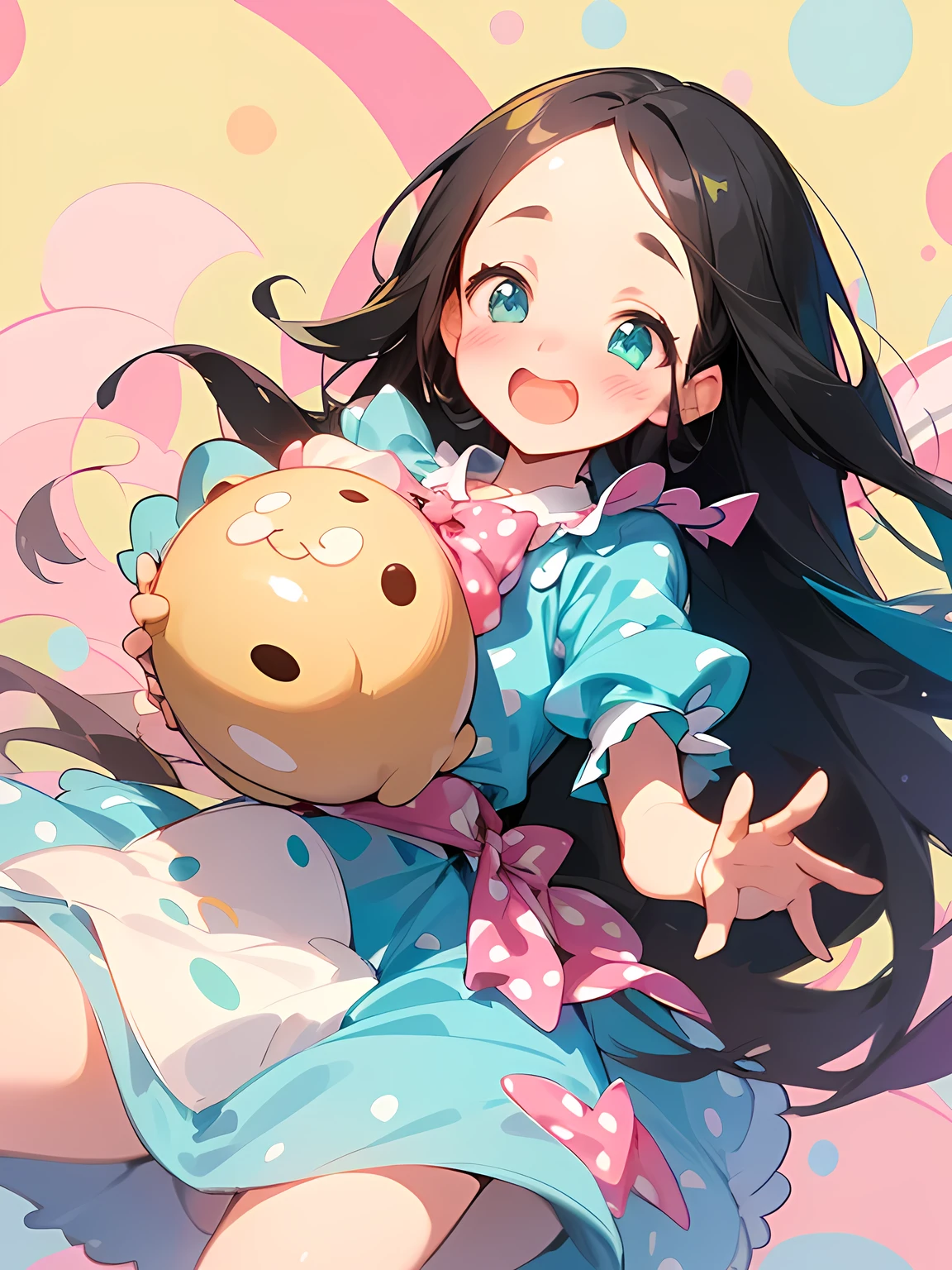 (Alice in Wonderland:1.3),(straight black thin long hair:1.2),big forehead,(A vibrant and lively background:1.2),(Pop and cute polka dot pattern:1.45)),((You are the main character!:1.2)),(Beautiful images:1.15),(high quality:1.15),((Perfect graphics:1.15)),Big smile,(blush、Embarrassed laugh:1.25),(white、pink、cream、black、yellow,mint)