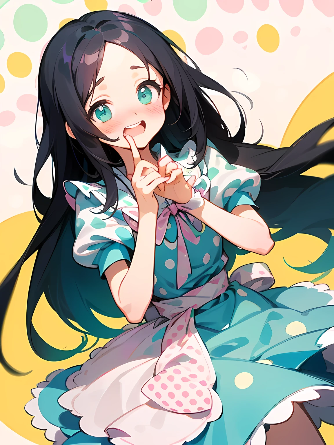 (Alice in Wonderland:1.3),(straight black thin long hair:1.2),big forehead,(A vibrant and lively background:1.2),(Pop and cute polka dot pattern:1.45)),((You are the main character!:1.2)),(Beautiful images:1.15),(high quality:1.15),((Perfect graphics:1.15)),Big smile,(blush、Embarrassed laugh:1.25),(white、pink、cream、black、yellow,mint)