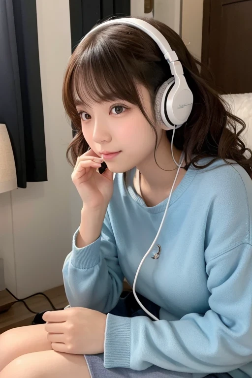 Produce the highest quality and highest resolution 8K images。Please draw the upper body of a 20 year old Japanese woman.。Please draw an image of you relaxing at home listening to music with headphones.。She has brown eyes and a model-like figure、She has an idol-level cute face.。The hair is curly。Clothes、I'm wearing short-sleeved loungewear。The skin is、It is a natural skin color。she、Looking at you with a smile。