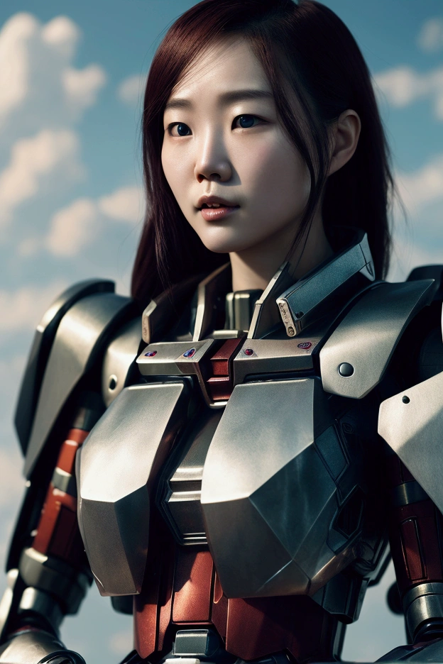 Shot in 8K HD. Realistic photographic illustration, real body proposition, highly detailed with extreme close-UP style sci-fi theme of a 25-year-old Korean woman with a half-robot body like a gundam, flying in space