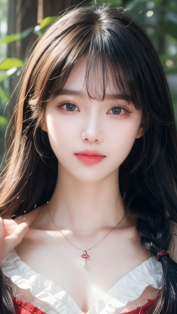 (Best quality details)、Realist、8K Ultra HD、high resolution、(1 Girl)、((Anxious expression))、Ultra detailed、Intricate details、High quality shadows、Beautiful face with delicate details、Beautiful eyes with exquisite details、20s、(The most beautiful smile)、Beautiful Korean girl、(Korean Urzan Face)、(ulzzang-6500-v1.1:0.6)、Pure face_v1、Glowing eyes、Perfect body、()、 ((View viewr))、((Open your arms))、(White hair color)、Teak、Glossy lips、Natural color reproduction, ((glare))、(Necklace)、((Brown eyes))、((Beautiful fingers))、(White hair), (Double braid)、(八字Bangs)、(Bangs)、 Shiny hair、Describe beautiful and delicate hair、(Glowing skin)、(little Red Riding Hood)、(Red Cape)、((Under the Hood))、(a red skirt)、(Corsets)、(Forest at night)、((wind))、